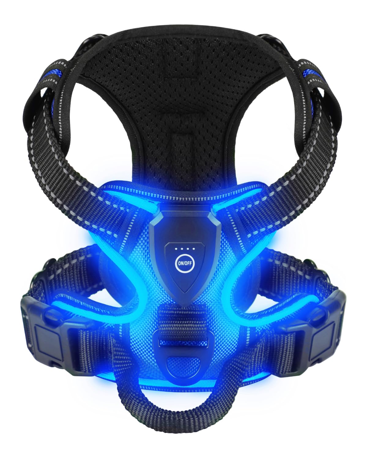 Villabliss Light Up Dog Harness blue front view highlighting safety illumination for night walks