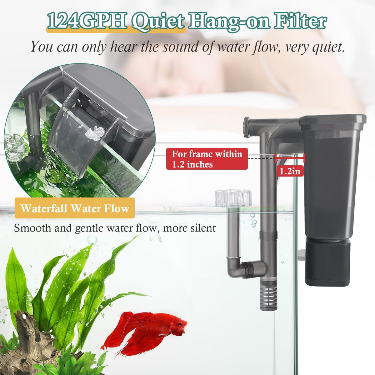 VILLNO 5W Hang-On filter long water intake fits various tank depths.