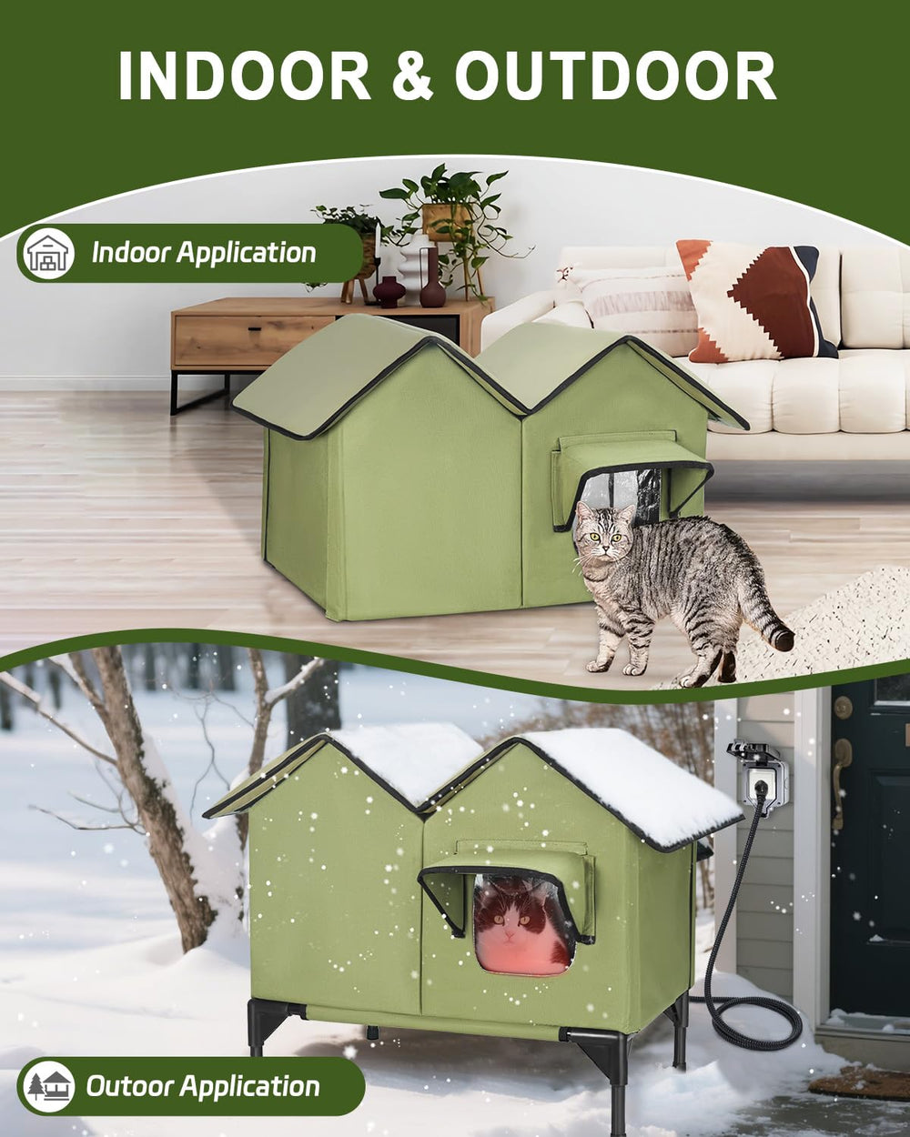 VILRAK large heated cat house outdoor green-assembly—tool-free setup for quick, hassle-free shelter.