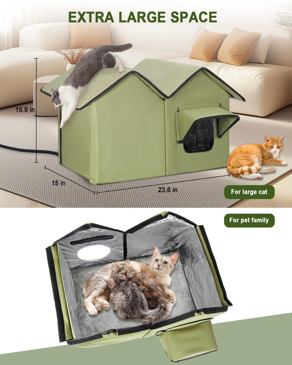 VILRAK large heated cat house outdoor green-elevated-base—elevated base protects from moisture and cold.