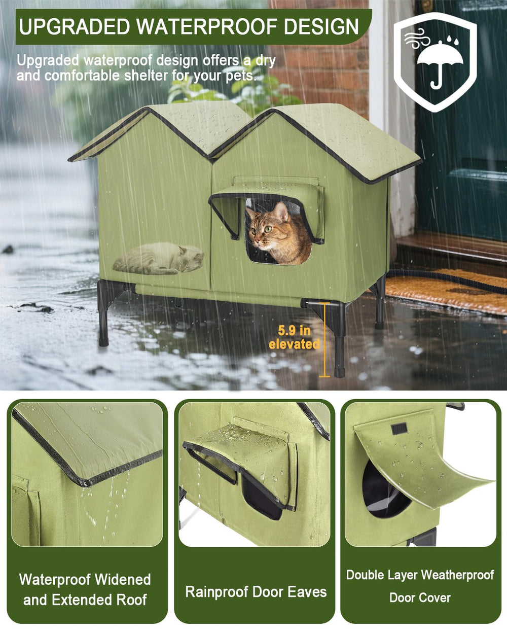 VILRAK large heated cat house outdoor green-inside—insulated interior provides lasting warmth.