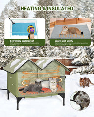 VILRAK large heated cat house outdoor green roof—keeps cats dry and comfortable in wet weather.