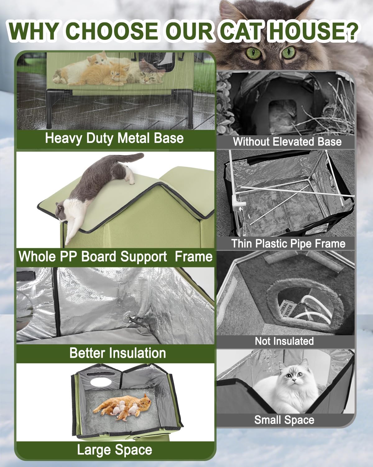 VILRAK large heated cat house outdoor green-weatherproof-fabrics—durable, all-season shelter for outside cats.