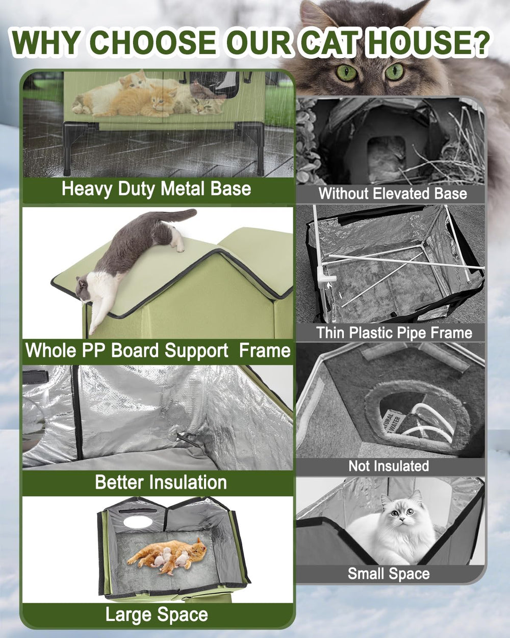VILRAK large heated cat house outdoor green-weatherproof-fabrics—durable, all-season shelter for outside cats.
