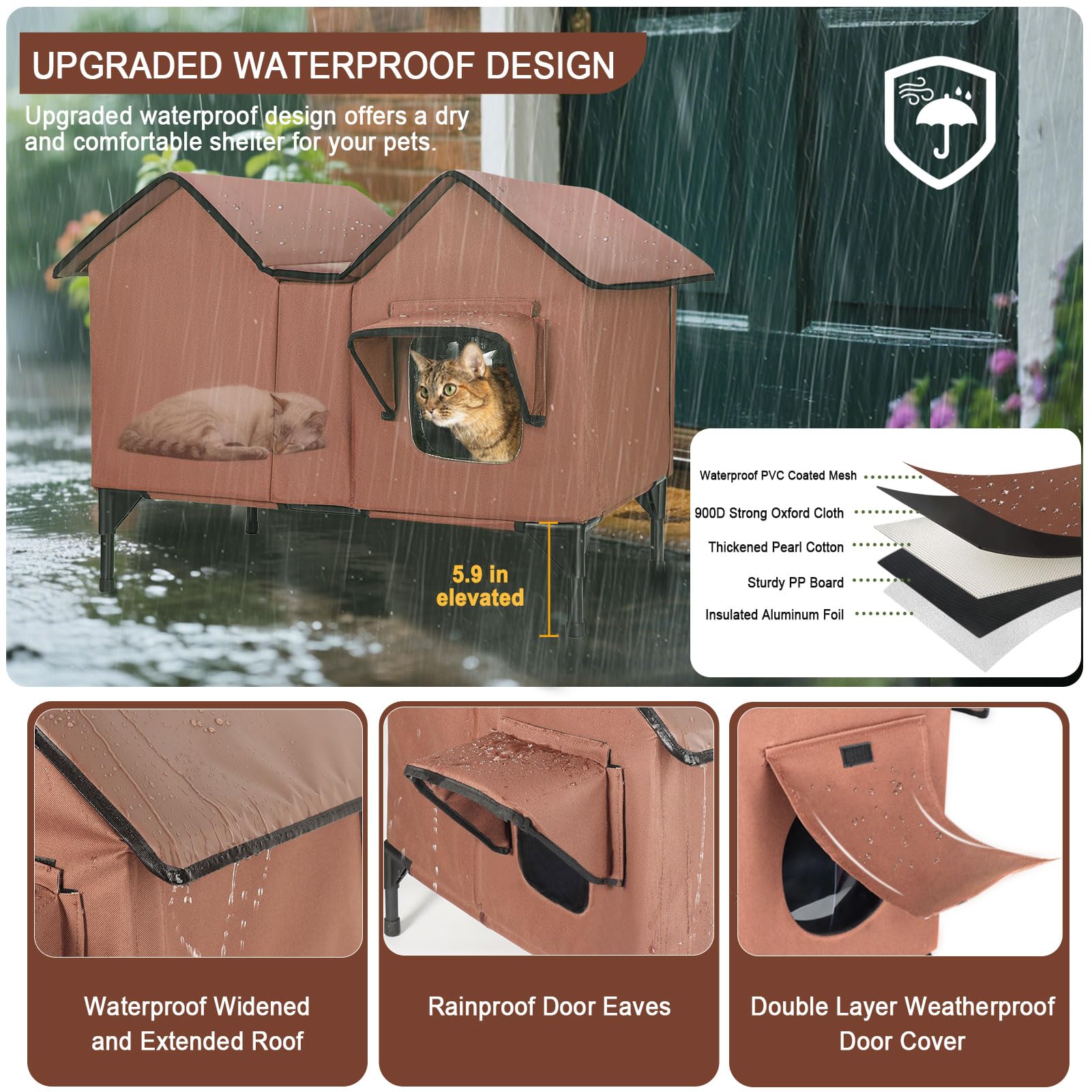 VILRAK weatherproof shelter roof resists rain and snow to keep pets dry.