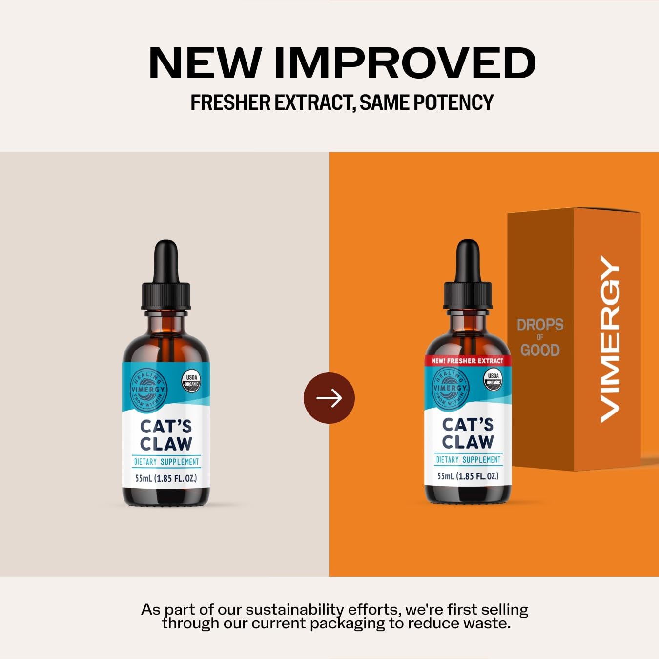 Vimergy Cat's Claw Liquid bottle closeup shows alcohol-free, vegan supplement convenience