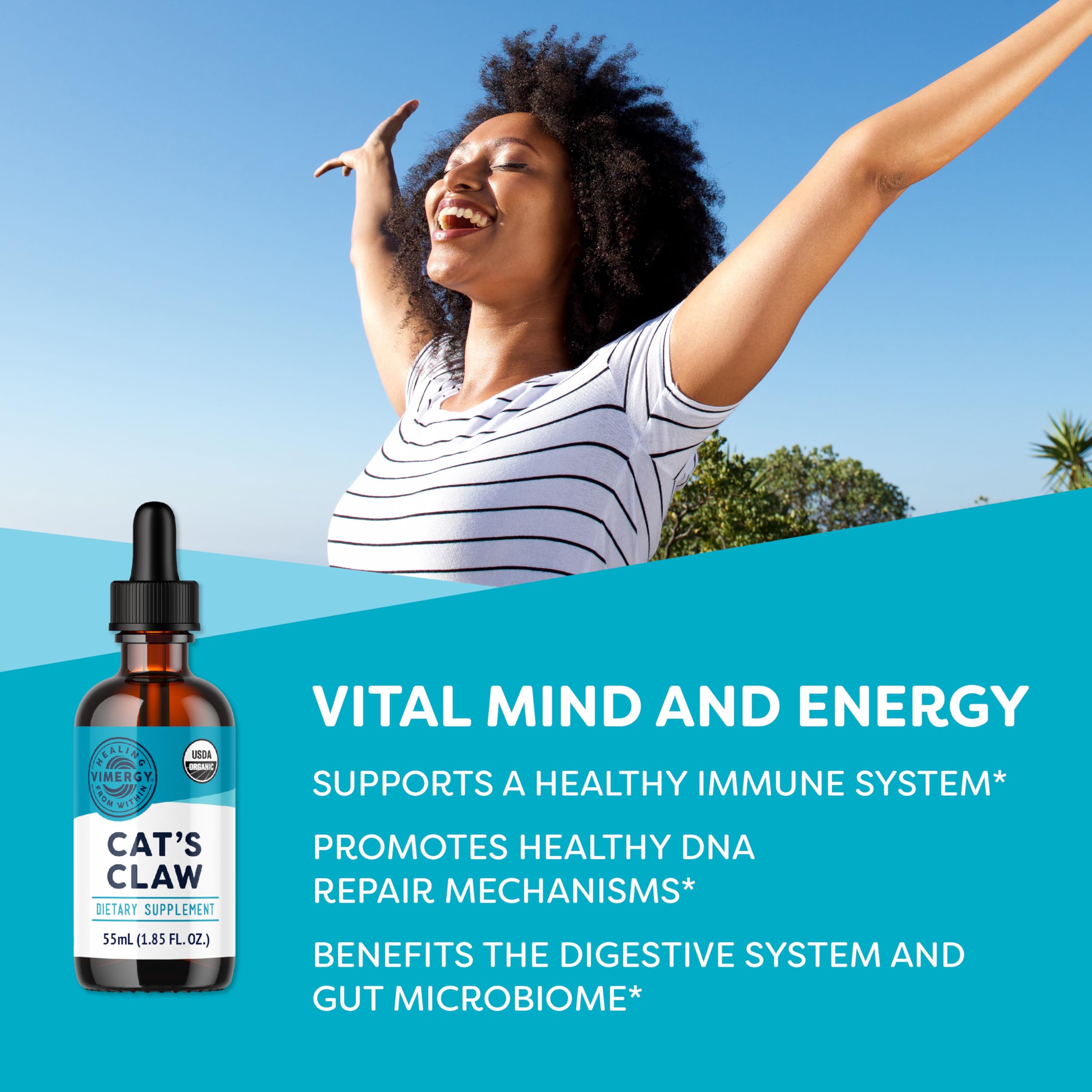 Vimergy Cat's Claw Liquid label emphasizes organic, non-GMO, gluten-free attributes