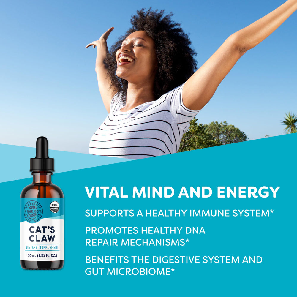 Vimergy Cat's Claw Liquid label emphasizes organic, non-GMO, gluten-free attributes