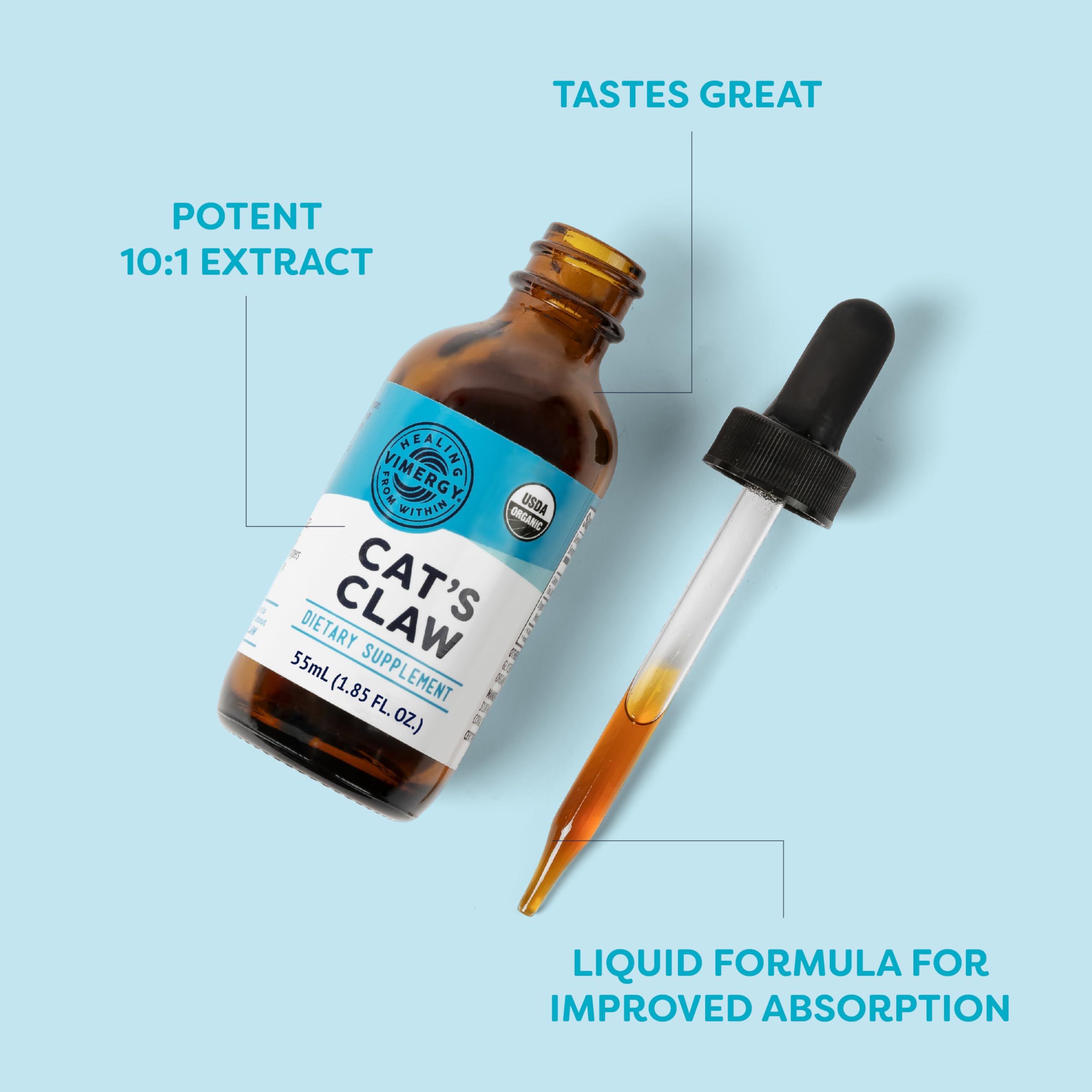 Vimergy Liquid dropper in water demonstrates easy daily dosing
