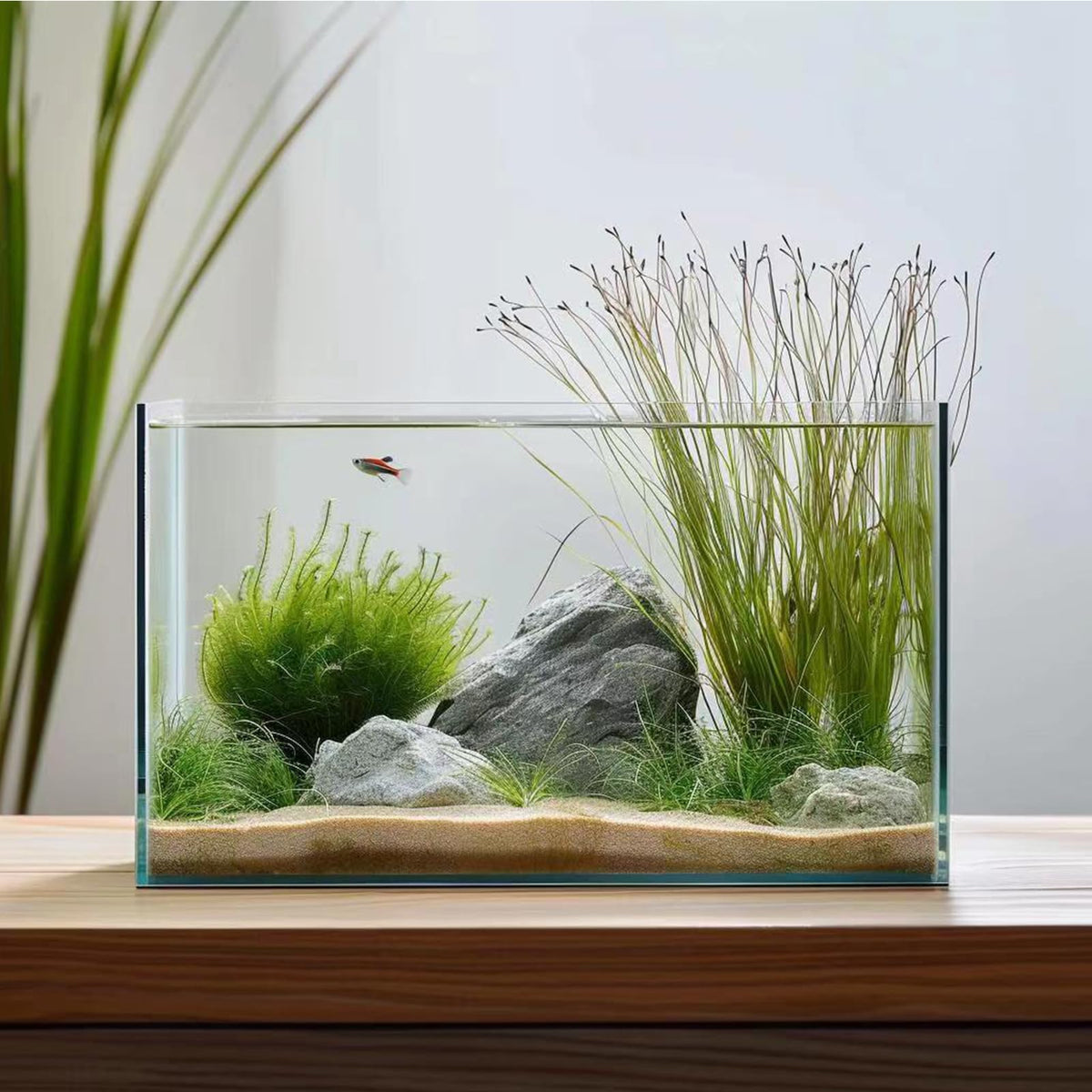 Vimvins 3-gallon glass tank front view shows frameless crystal-clear display for immersive watching