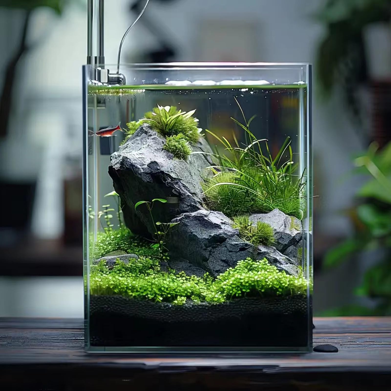 Vimvins rectangular design 5-gallon tank simplifies filter and heater integration.