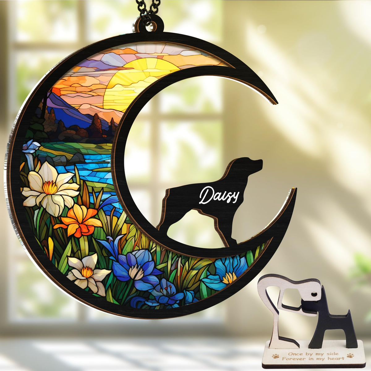 Vinatimes 6'' Brittany Dog Memorial Suncatcher displays in sunlit window for memory reflection