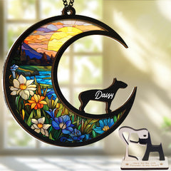 Vinatimes Bull Terrier memorial suncatcher front view sparkling in sunlight to celebrate memory
