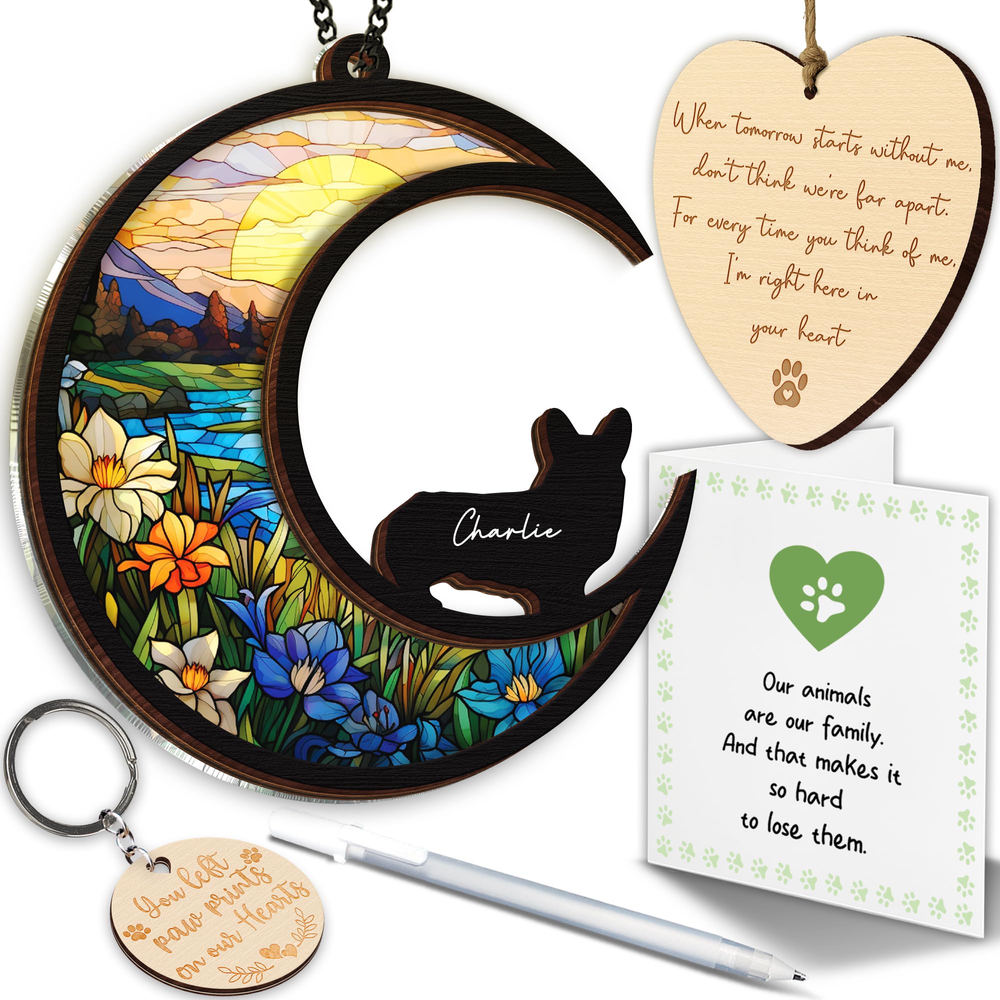 Vinatimes Corgi Memorial Suncatcher wide angle showing sunlit reflections