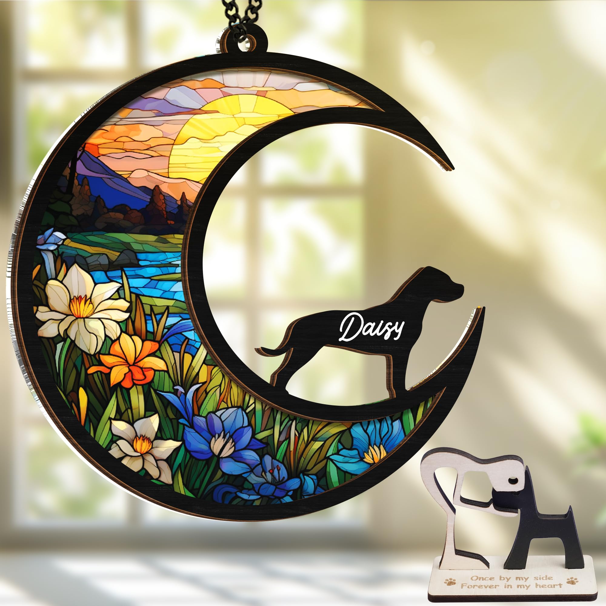 Vinatimes Dogo Argentino memorial suncatcher front view; sunlight highlights a gentle remembrance