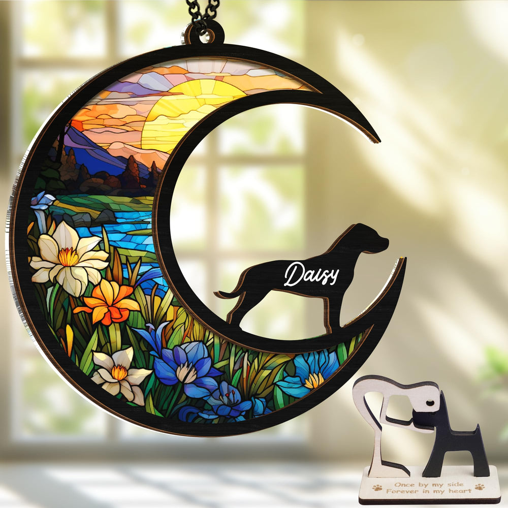 Vinatimes Dogo Argentino memorial suncatcher front view; sunlight highlights a gentle remembrance
