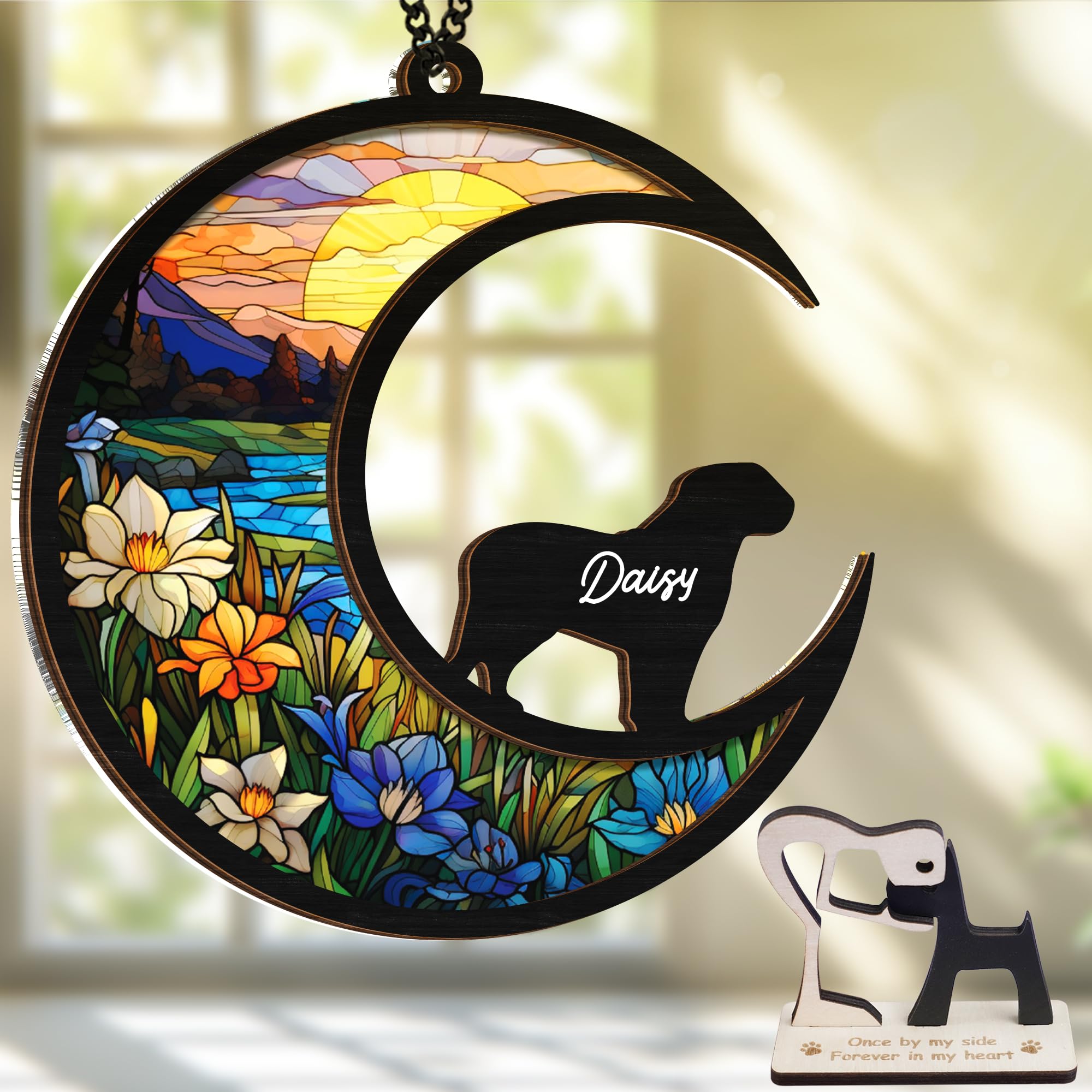 Vinatimes Dogues de Bordeaux memorial suncatcher in window catching sunlight for heartfelt remembrance