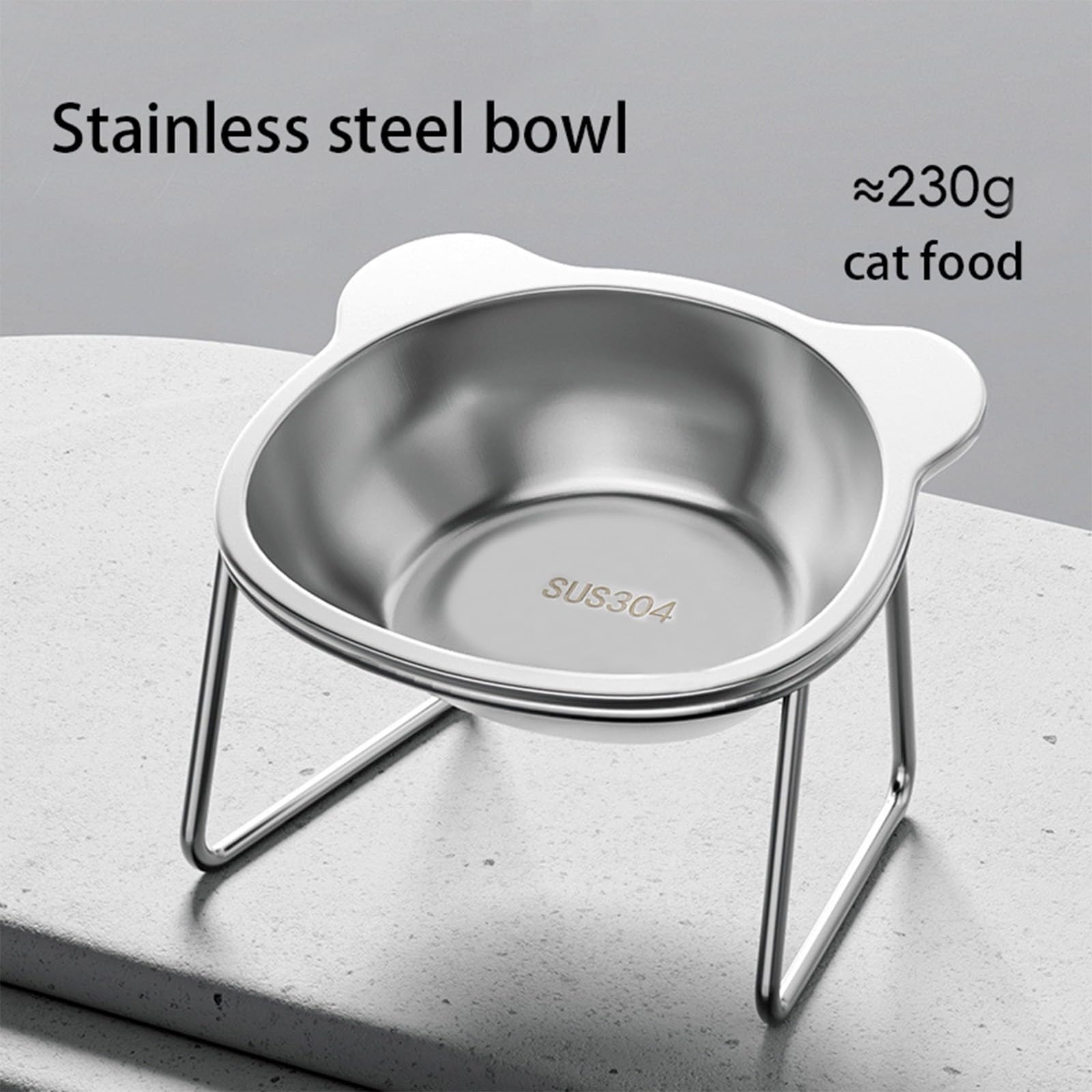Vinqki elevated bowls hold 230g dry food for portion control during feeding.