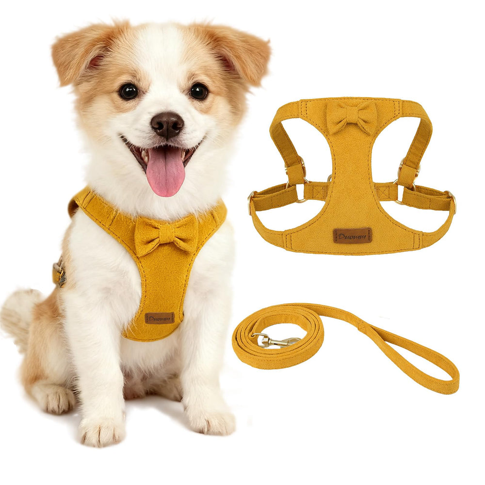 Vinqki XS dog harness with yellow bowtie, stylish comfort for small dogs during walks.
