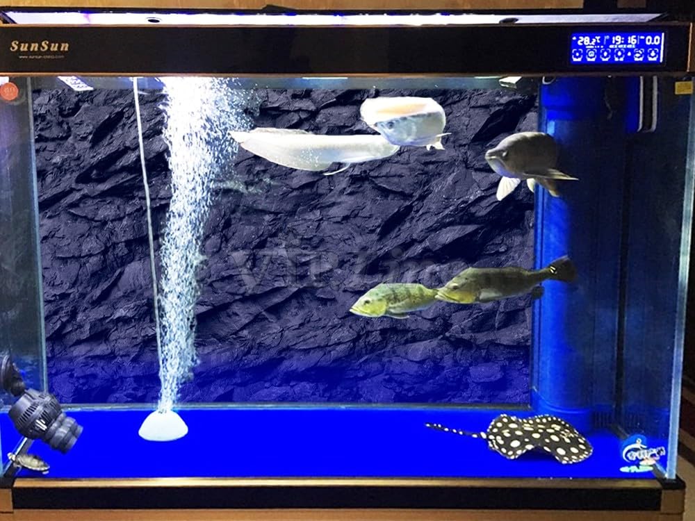 VIP LINE 3D black stone texture backdrop enhances tank ambiance with sunlit highlights for fish.