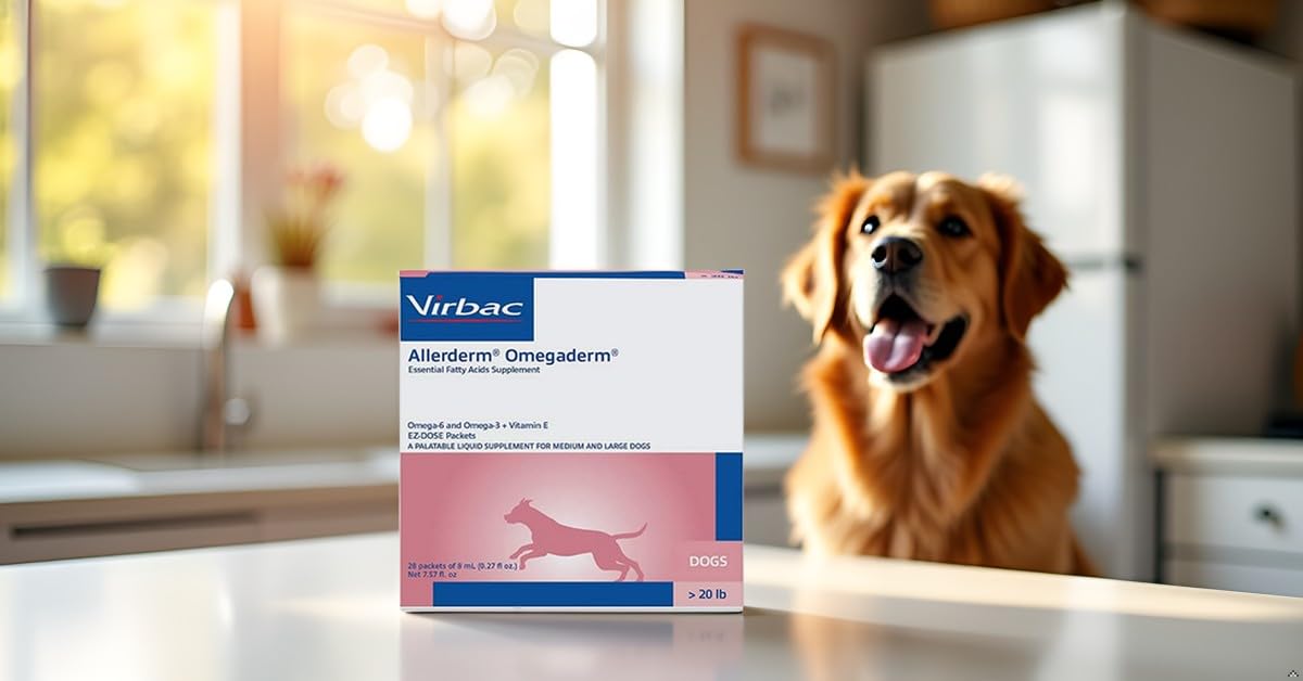 Virbac Allerderm Omegaderm packets on a dog bed suggesting support for itchy skin