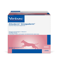 Virbac Allerderm Omegaderm packets packaging shows easy daily-dose solution for dogs