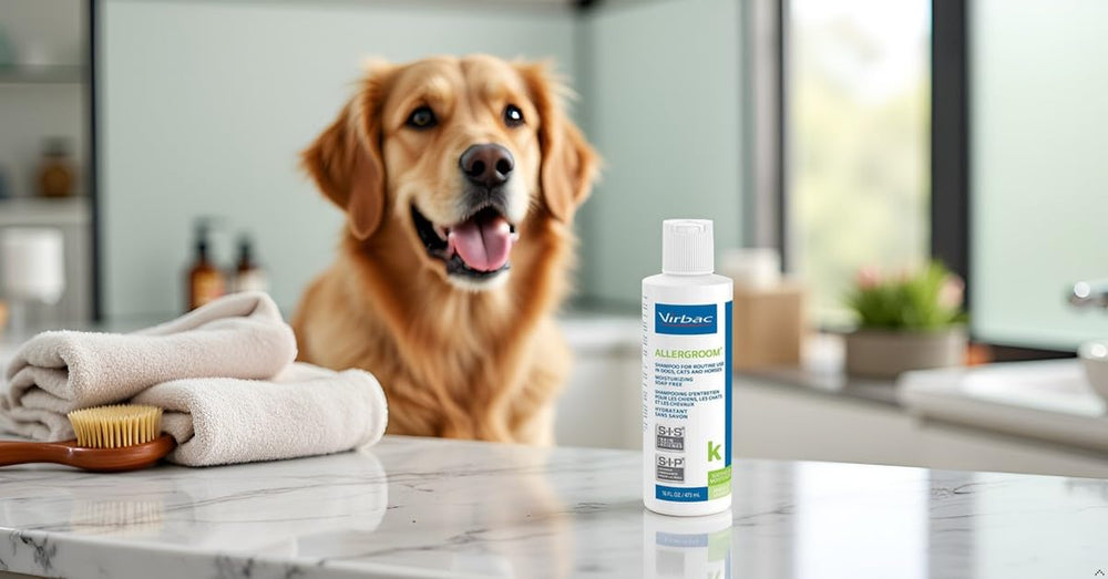 Virbac Allergroom pets bath scene demonstrates multi-species grooming for dogs, cats, and horses.