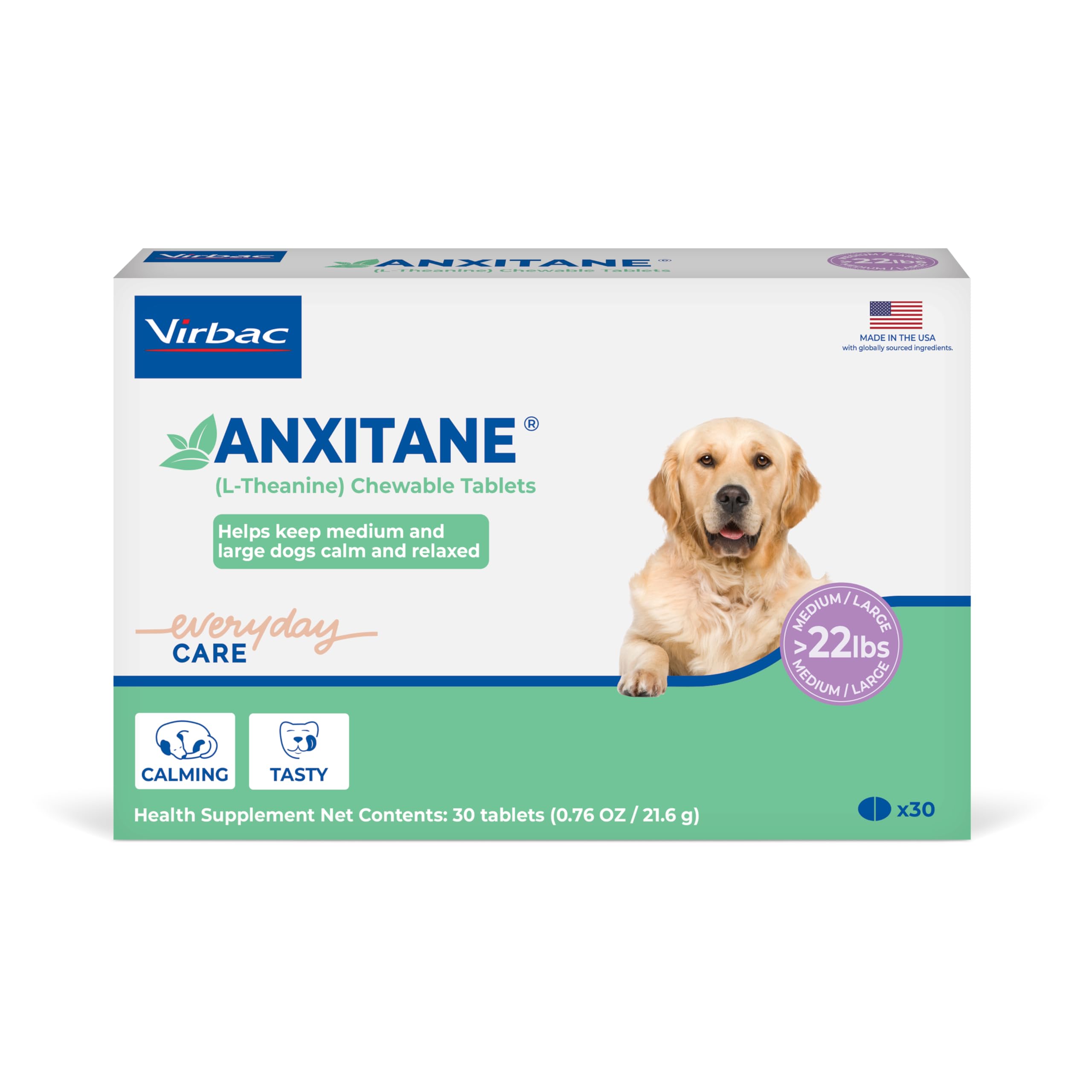 Virbac ANXITANE chewable tablets package supports on-the-go calming for dogs.
