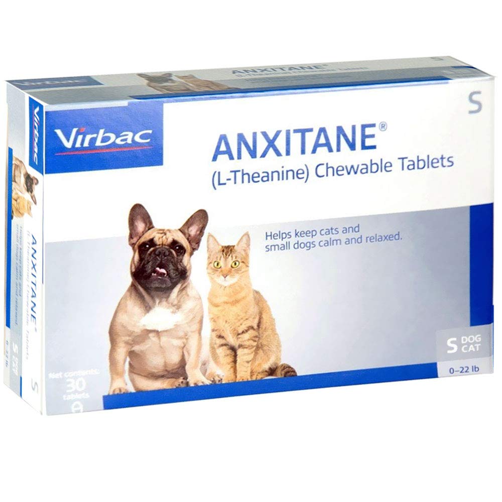 Virbac Anxitane chewable tablets packshot offering calming support for anxious pets during travel or storms