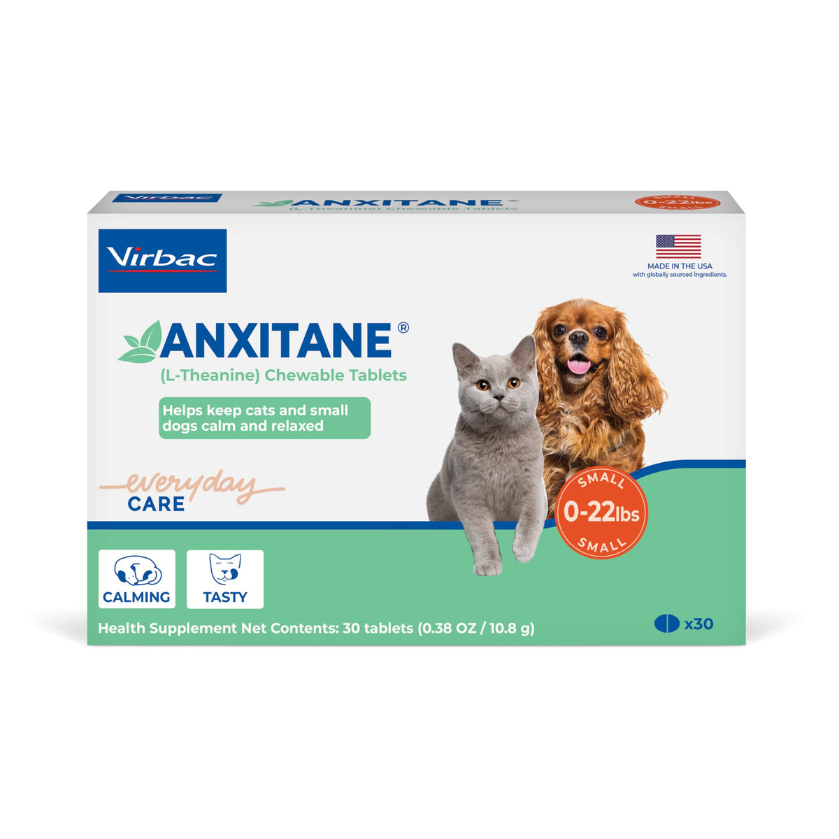 Virbac Anxitane tablets bottle demonstrates calming relief for anxious pets