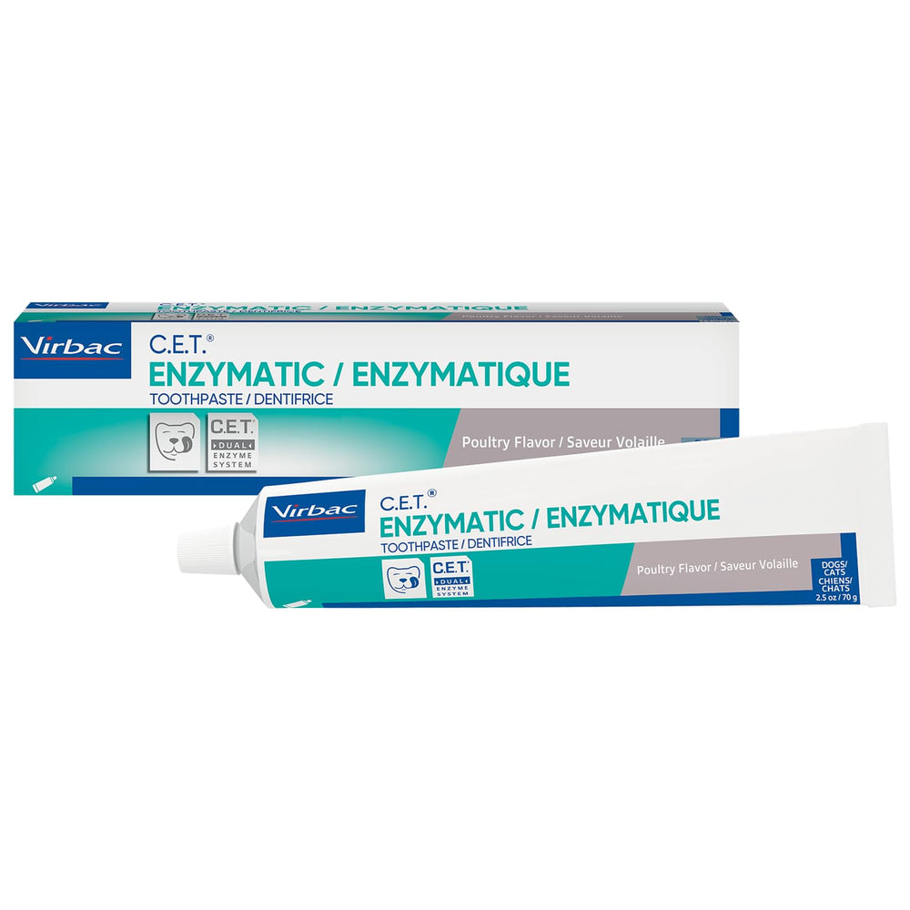 Virbac C.E.T. enzymatic toothpaste poultry flavor tube promotes fresh breath and plaque control.