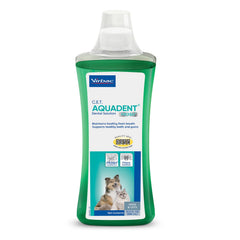 Virbac C.E.T. Aquadent fresh-breath bottle demonstrates daily breath-freshening for pets.