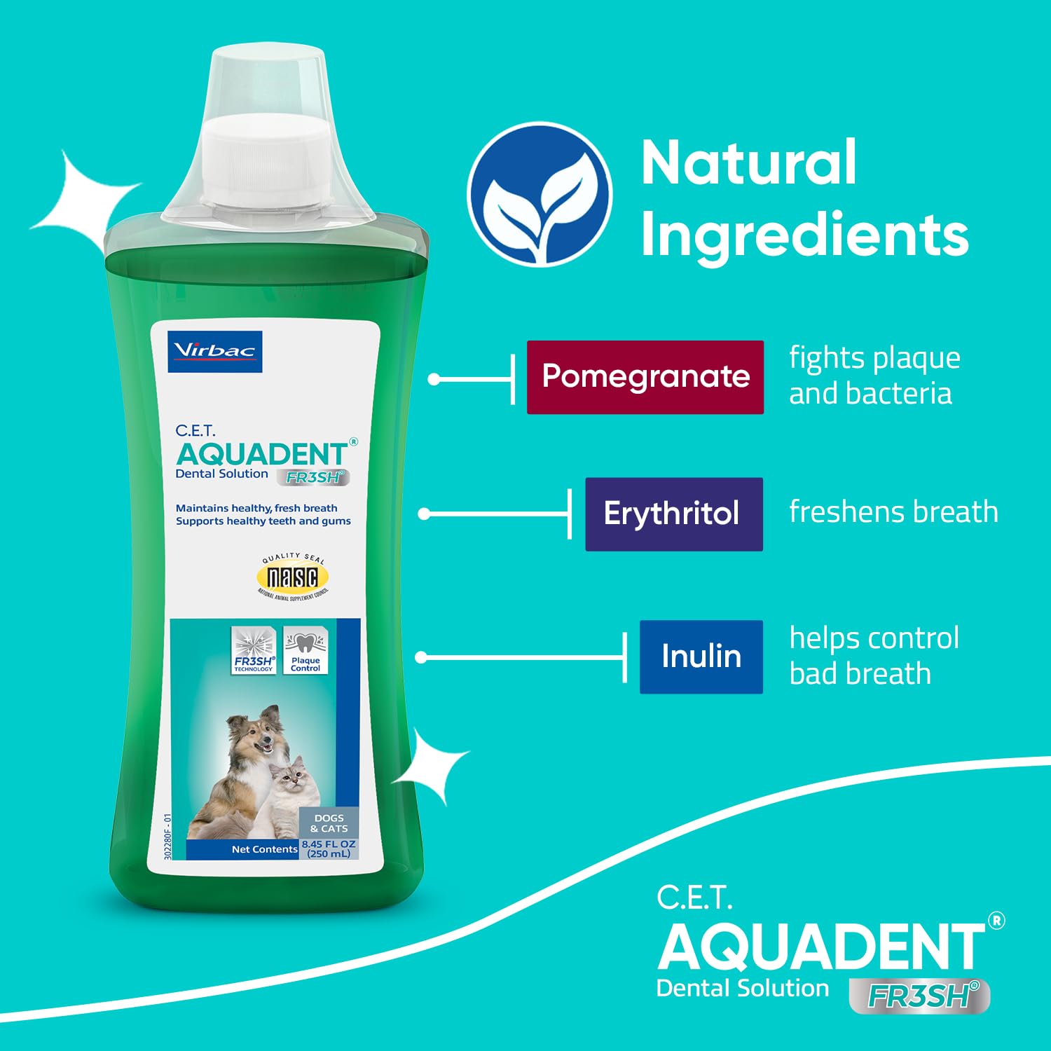 Virbac C.E.T. Aquadent-pomegranate-extract bottle signals antioxidant support in the formula.