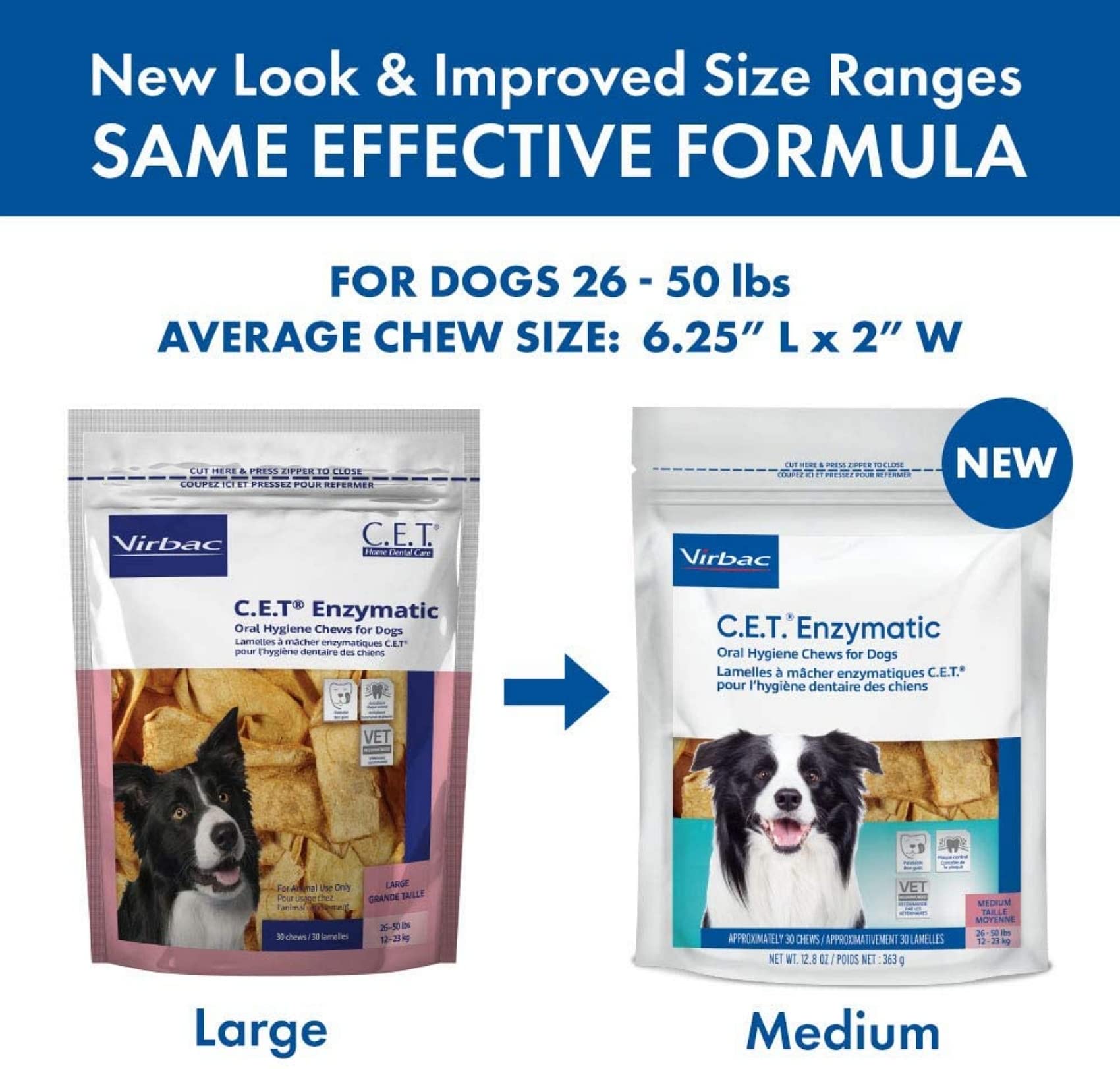 Dog chewing Virbac C.E.T. enzymatic chews helps reduce plaque through daily chewing