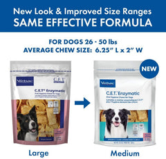 Dog chewing Virbac C.E.T. enzymatic chews helps reduce plaque through daily chewing