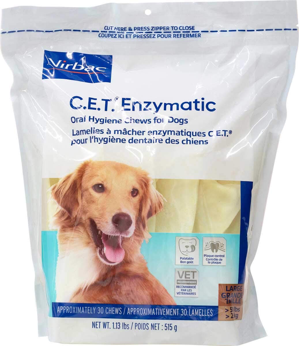 Virbac C.E.T. enzymatic chews in a bowl support daily dental hygiene for large dogs