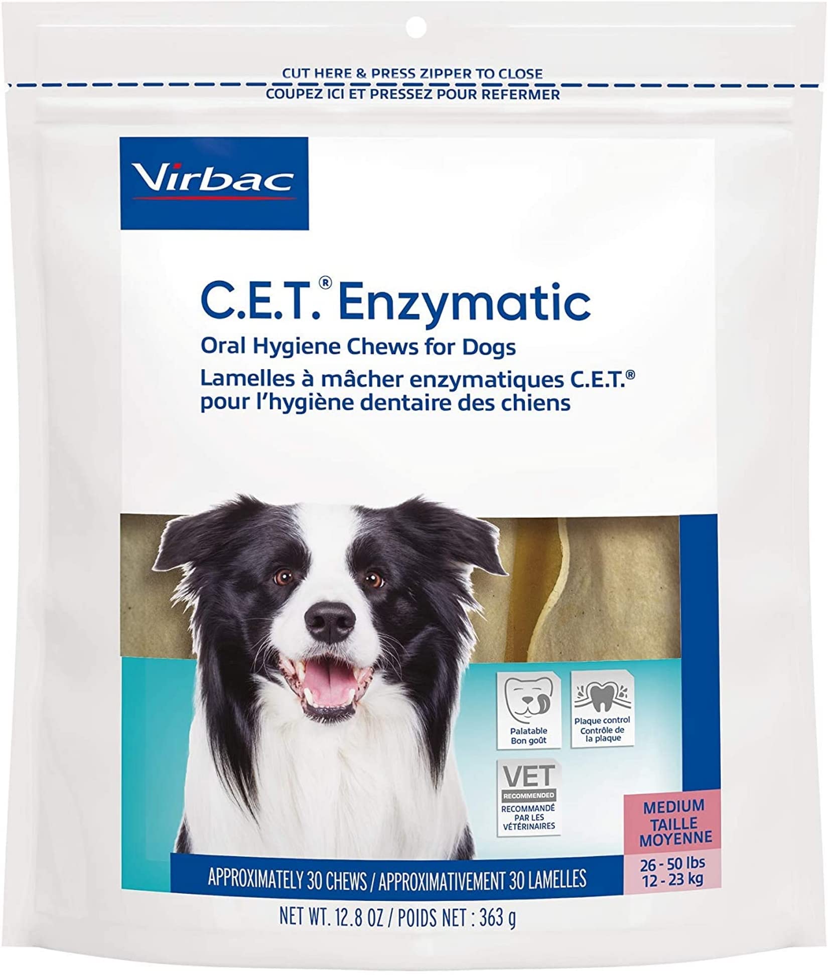 Virbac C.E.T. enzymatic chews packaging for medium dogs supports daily dental care