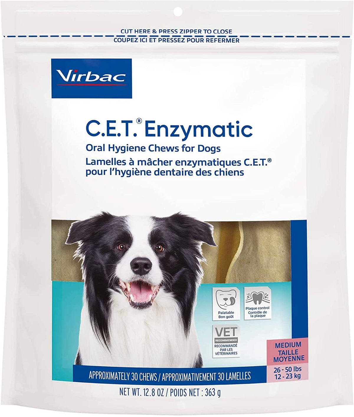 Virbac C.E.T. enzymatic chews packaging for medium dogs supports daily dental care