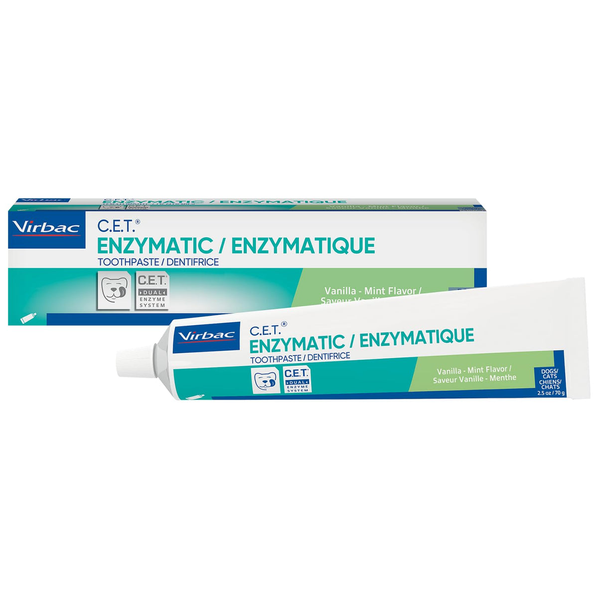 Virbac C.E.T. enzymatic toothpaste vanilla mint tube reduces plaque for fresher breath.