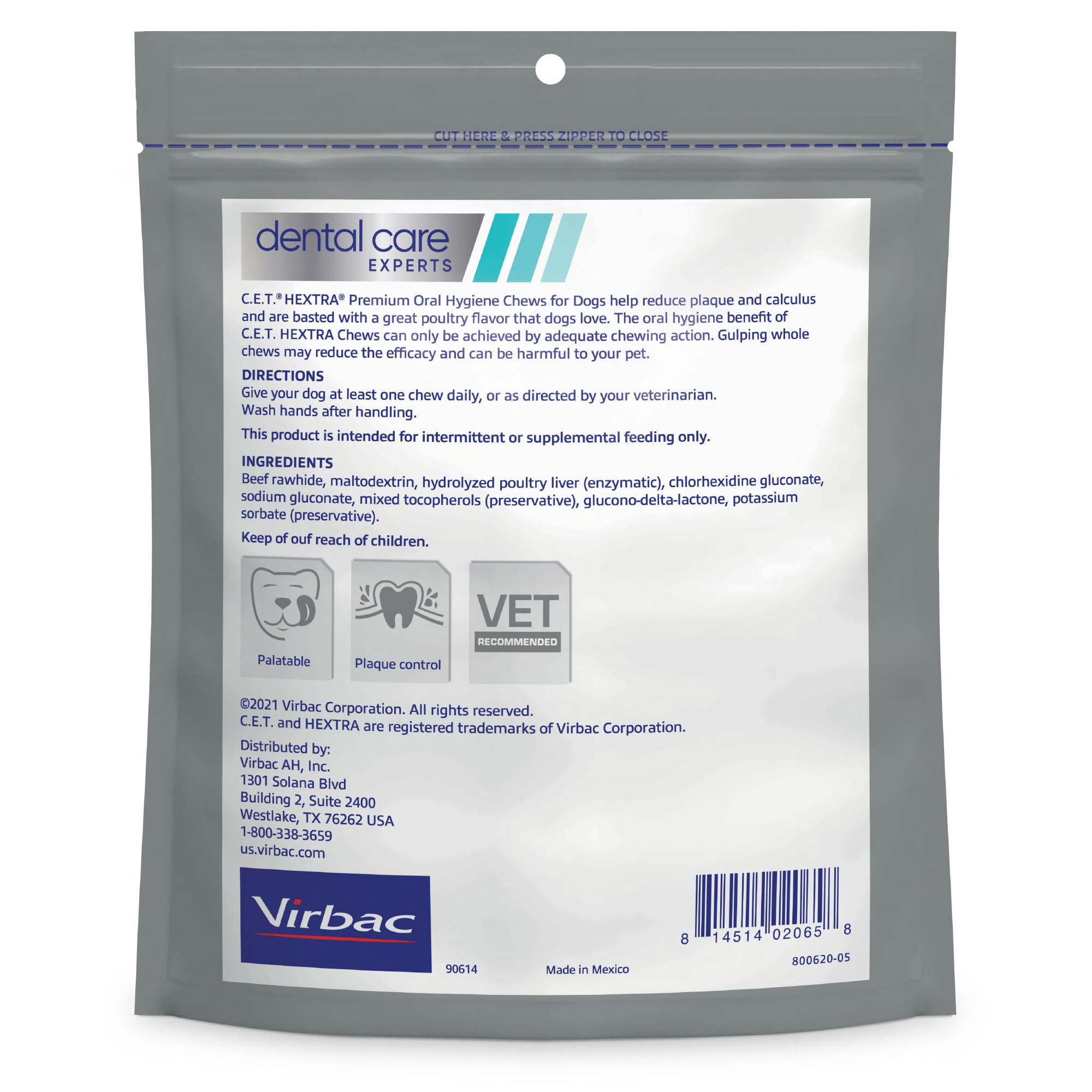 Virbac C.E.T. HEXtra chews in action demonstrate plaque-fighting benefits during chewing.