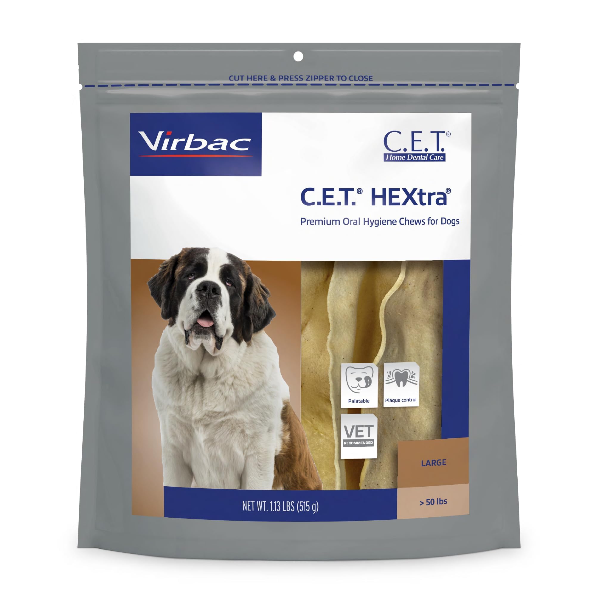 Virbac C.E.T. HEXtra Premium dog chews packaging supports daily dental care