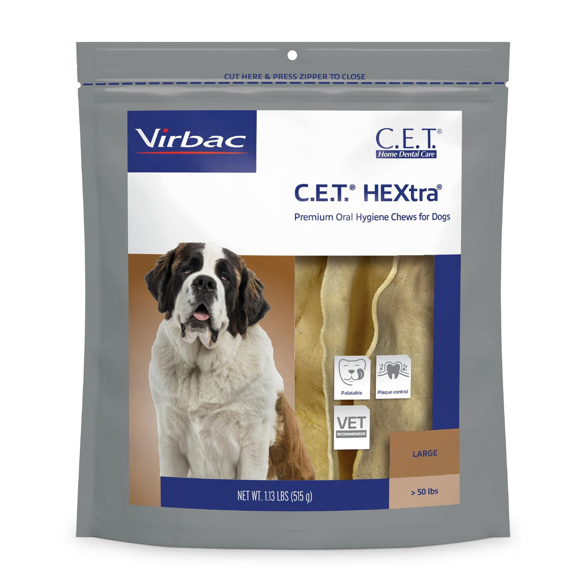 Virbac C.E.T. HEXtra Premium dog chews packaging supports daily dental care
