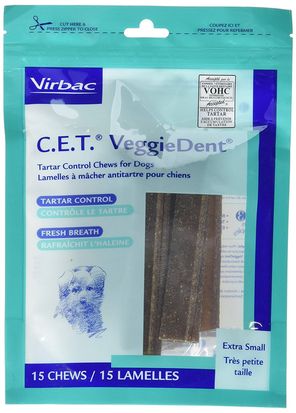 Virbac C.E.T. VeggieDent Extra Small chews pack image highlighting fresh breath and tartar control benefits.