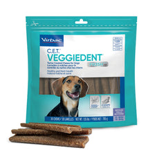 Virbac CET Veggiedent FR3SH packaging showcases beef-flavored dental chew for dogs, supporting dental care.