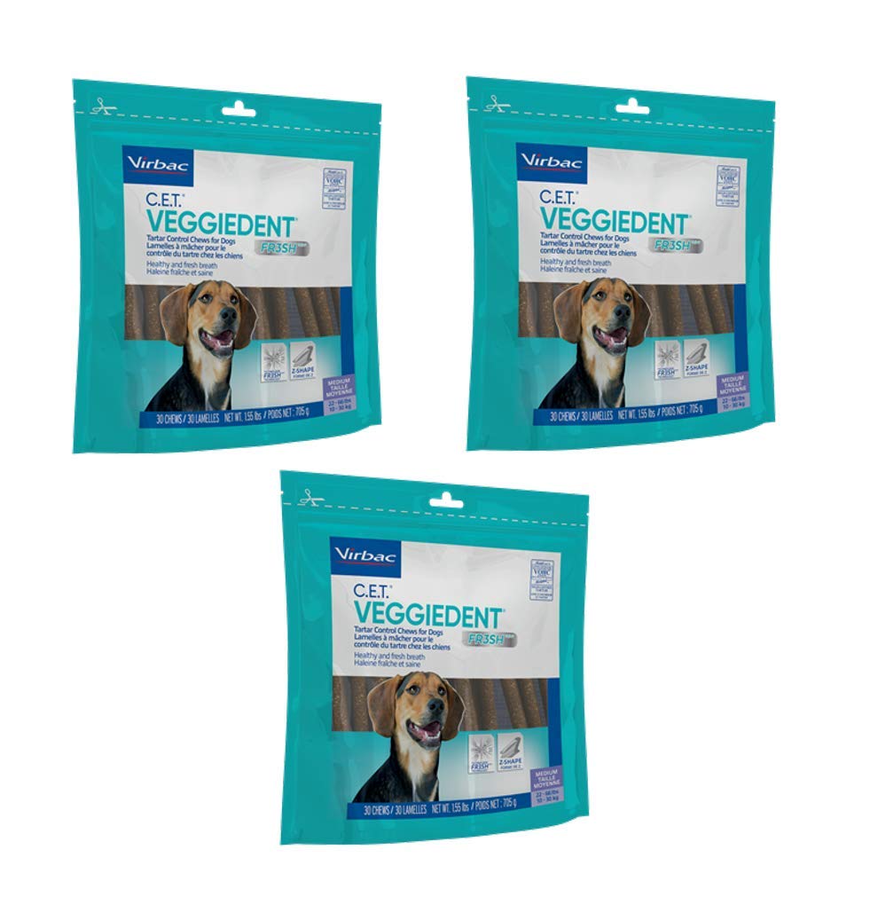 Virbac C.E.T VeggieDent dog chew medium helps reduce plaque and freshen breath as a daily chew.