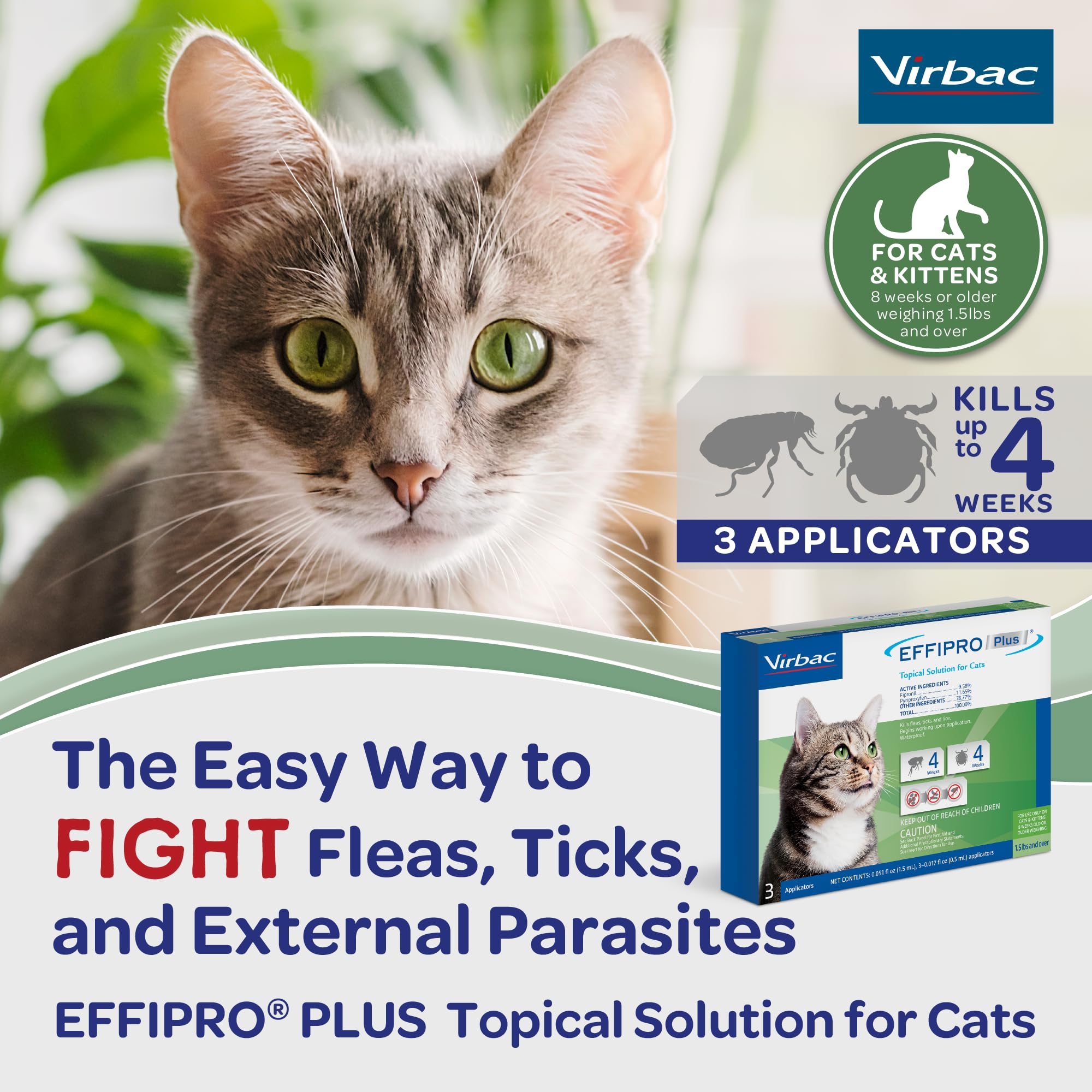 Virbac Effipro Plus cats protect against ticks and chewing lice.