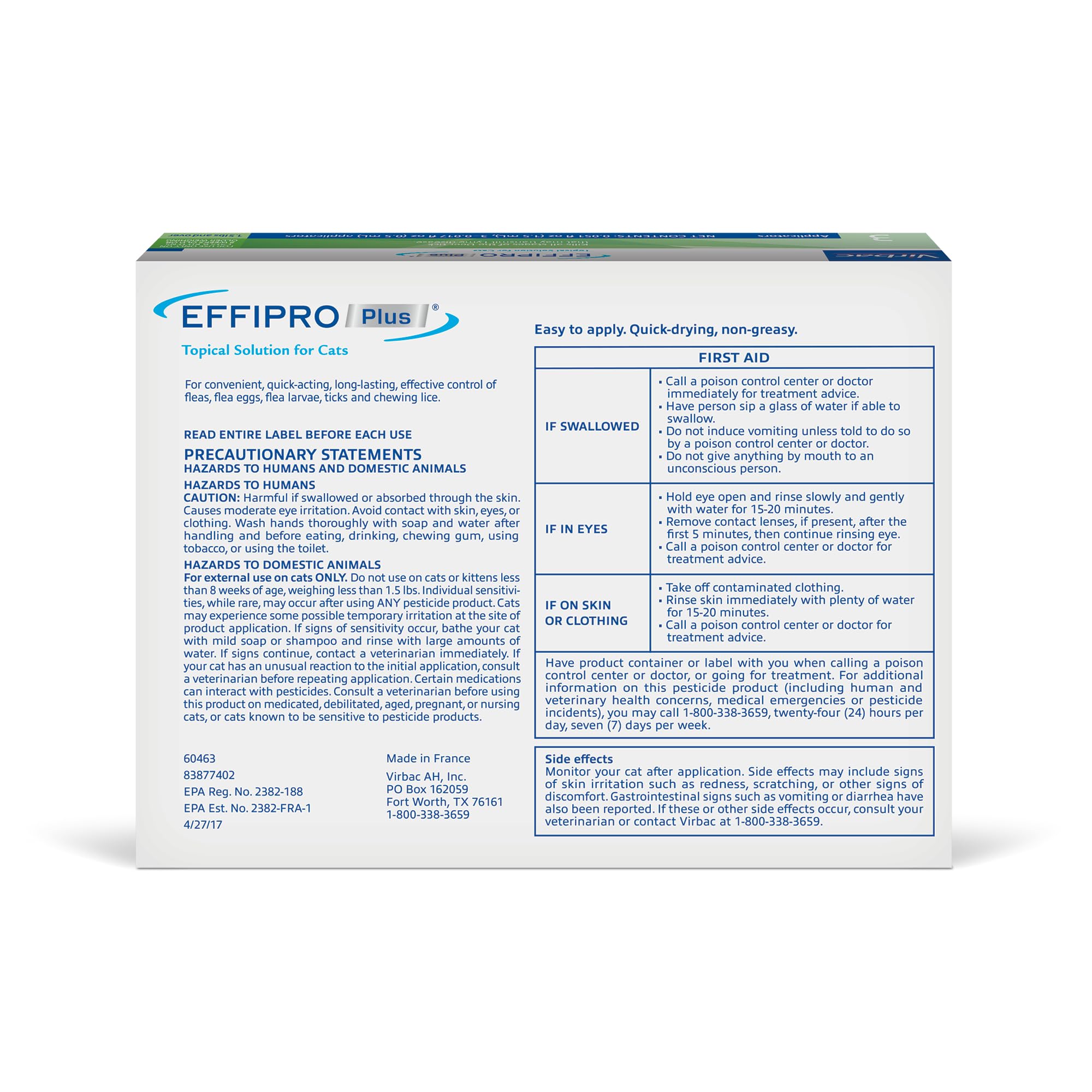 Virbac Effipro Plus cats topical bottle demonstrates easy single-dose application.
