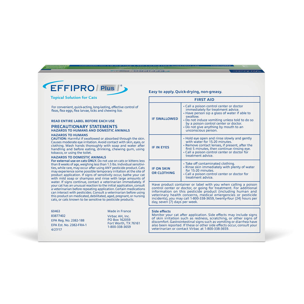 Virbac Effipro Plus cats topical bottle demonstrates easy single-dose application.