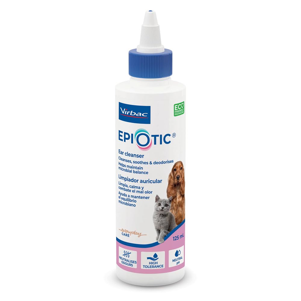 Virbac Epi-Otic ear cleaner bottle for gentle ear hygiene.