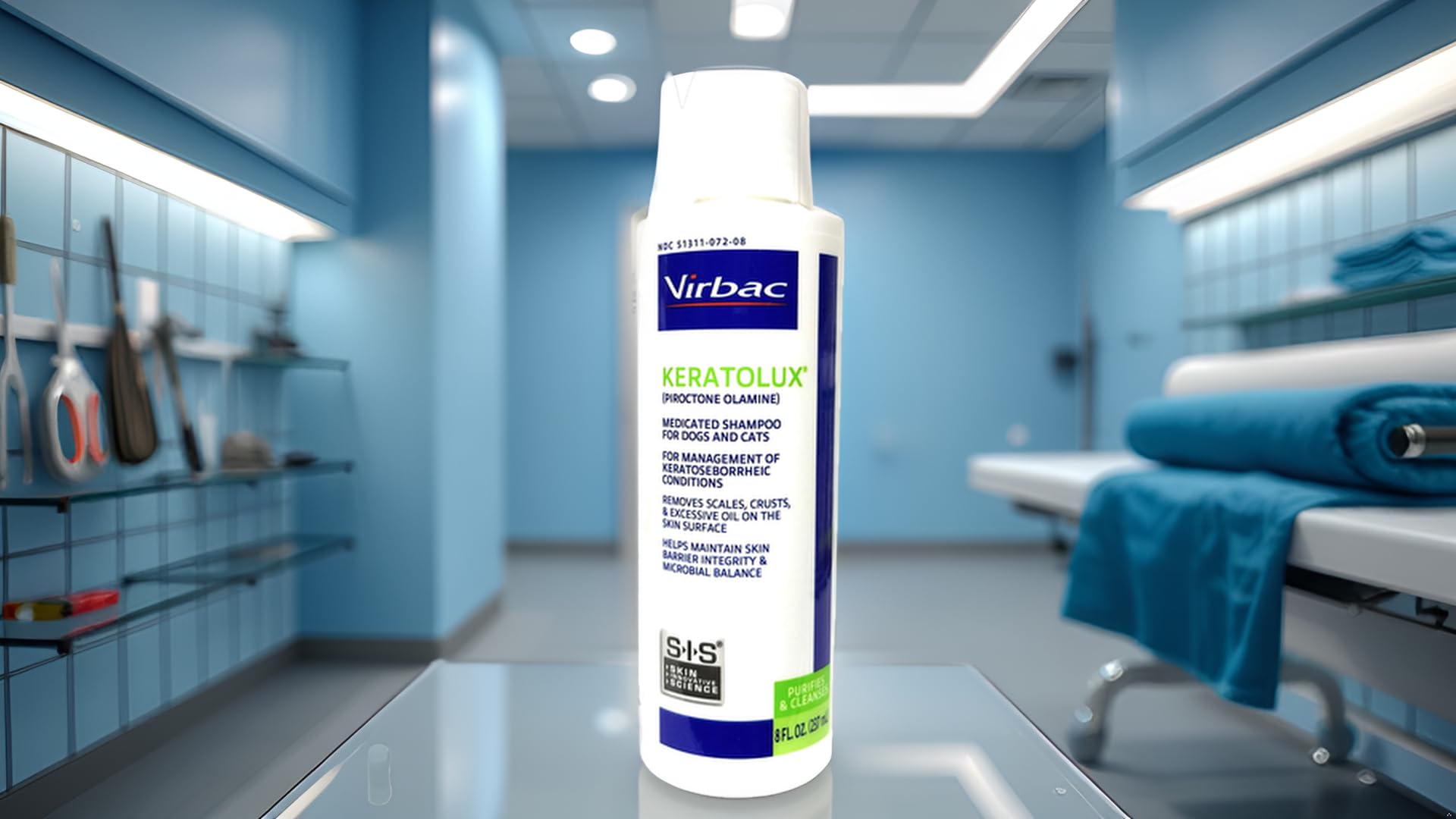 Virbac Keratolux Shampoo applied to pet during grooming routine.